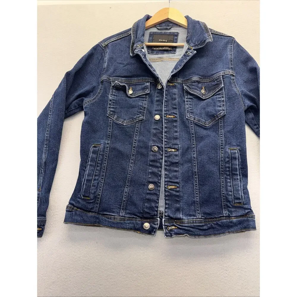 Zara Man Denim Jacket Mens Large Dark Wash Stretch Trucker Button Front Blue
